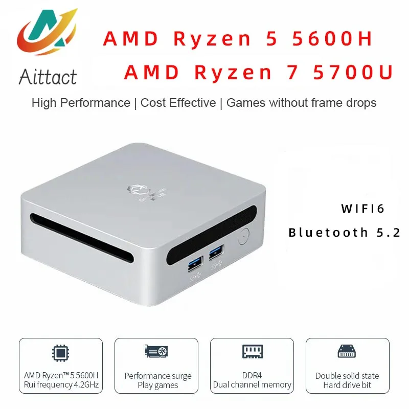 AITTACT-AMD Ryzen 5 5600H, Ryzen 7 5700U, MiniPC, Windows 10, 11, 3,3 GHz, Até 4,2 GHz, Suporte 2 * DDR4 Max, 64GB de RAM, Gaming WiFi 6, Novo