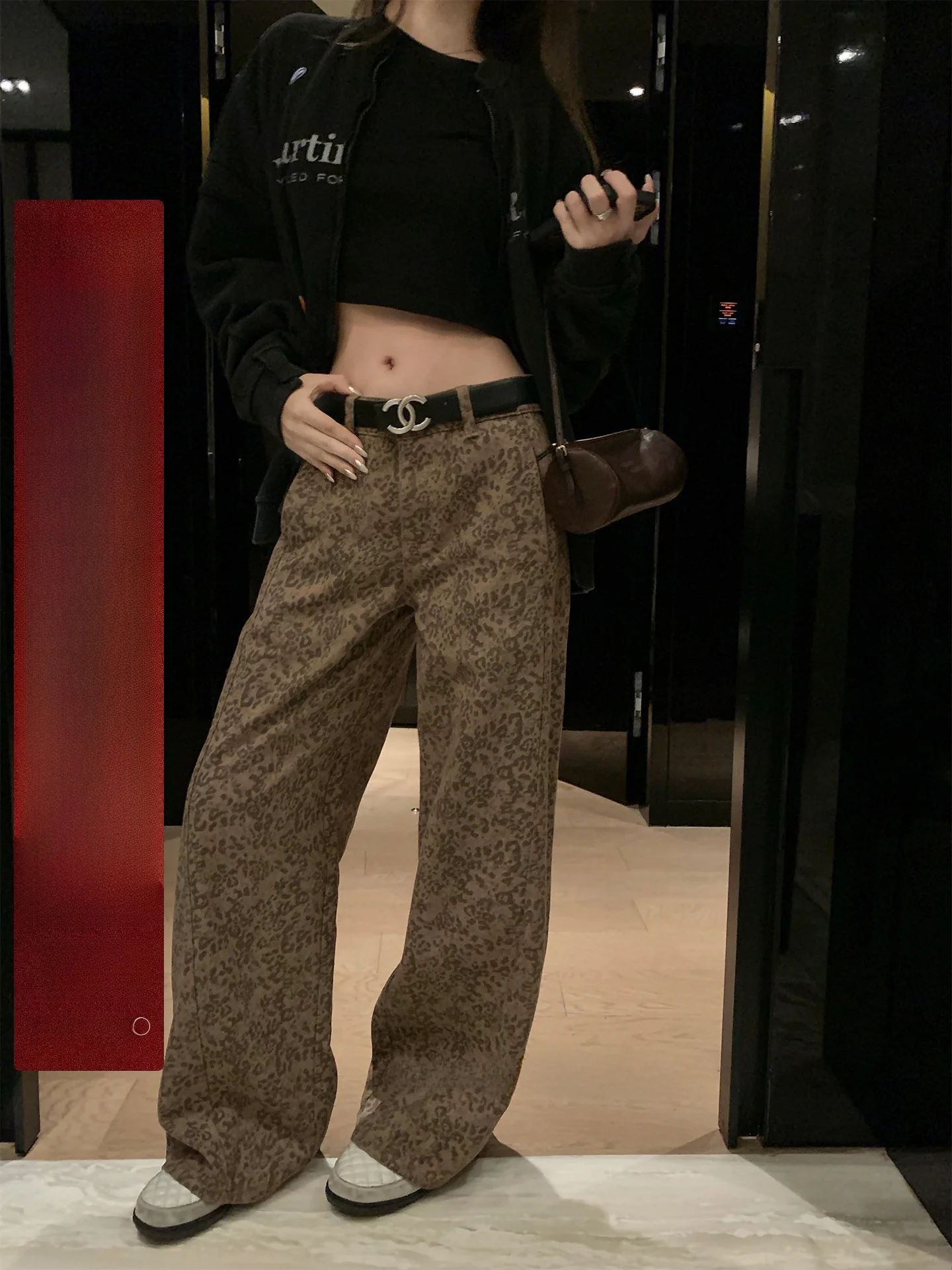 

High Waist Leopard Print American Sle Casual Jeans Cotton Straight Leg Pants Slimming Effect Daily Wear Ladies Loose Fit