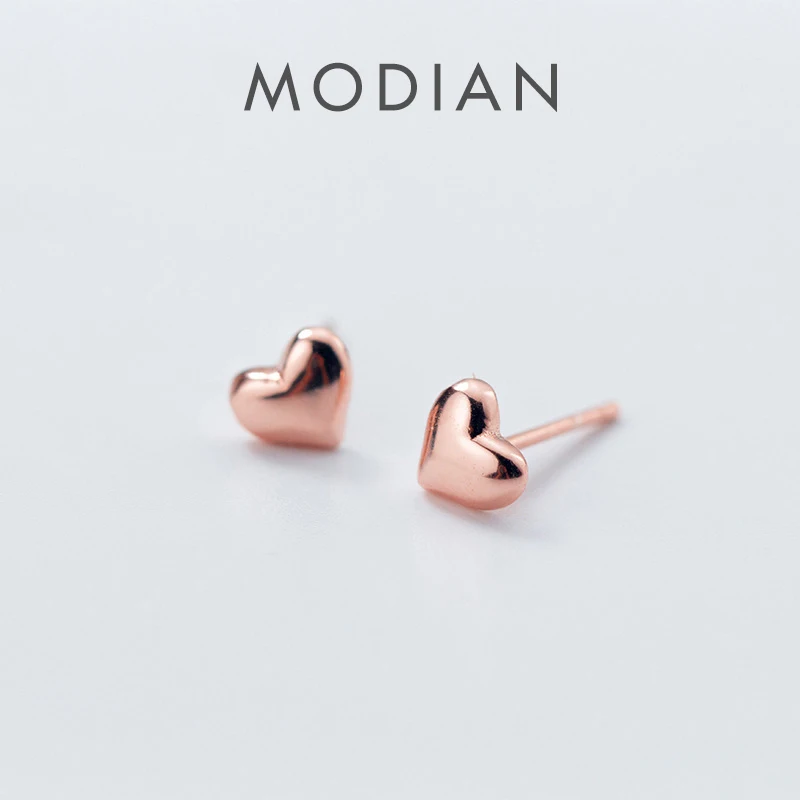 Modian Oryginalne srebro próby 925 Tiny Cute Hearts Lovely Kolczyk sztyft dla kobiet Dziewczyna Prezent Biżuteria modowa w kolorze różowego złota