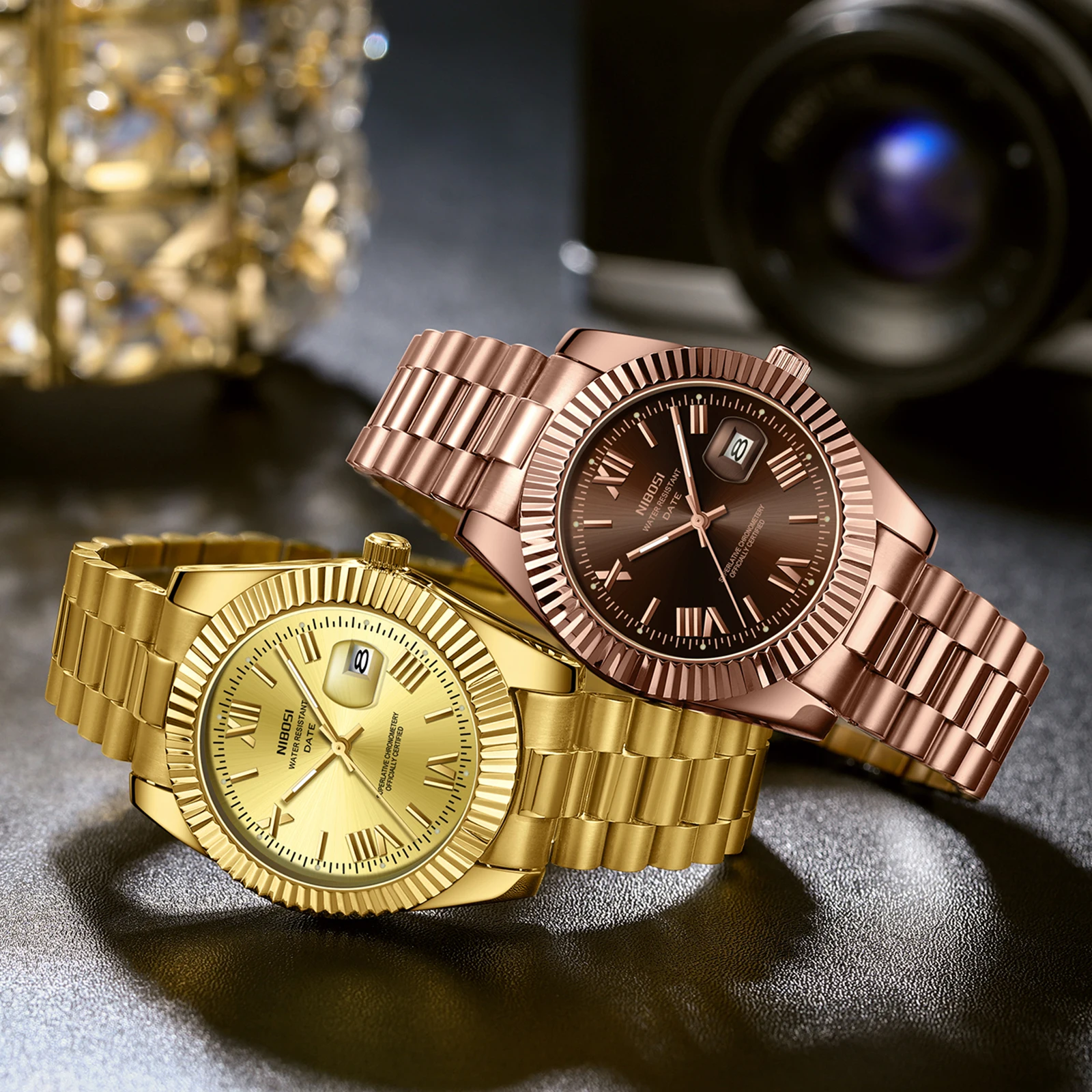 NIBOSI ساعات ذهبية فاخرة للرجال العلامة التجارية الأعلى الكلاسيكية دور كوارتز ساعة رجالية مضيئة مقاوم للماء تاريخ فستان ساعة الأعمال الرجال