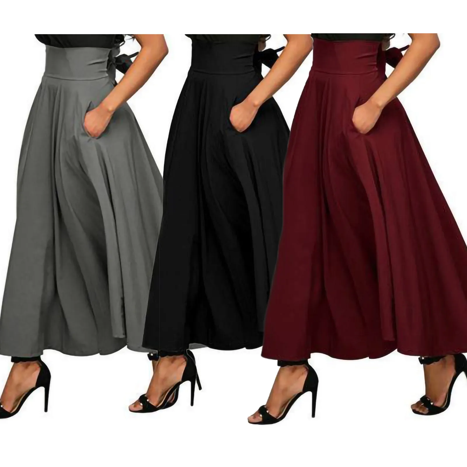 

Elegant Midi Long Skirts for Women 2024 Korean Fashion Solid Faldas Jupe Swing Ladies Autumn Summer High Waist Bow Office Skirt