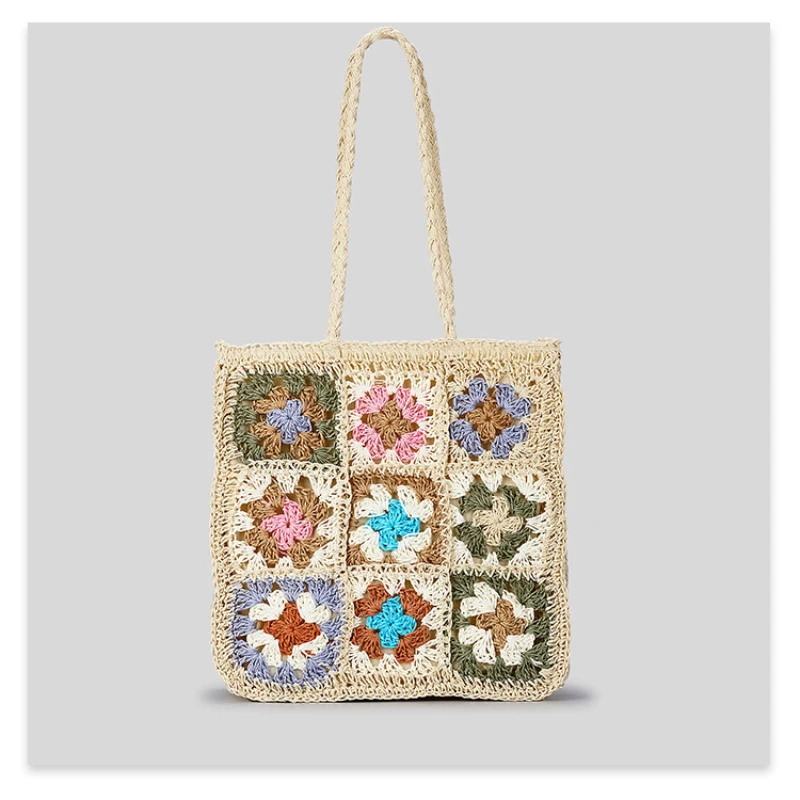 SANGUSTI Retro Hand Knitting  Straw Bag Ethnic Style Patchwork Floral Fashion Versatile Handbag Vacation Shoulder Bag