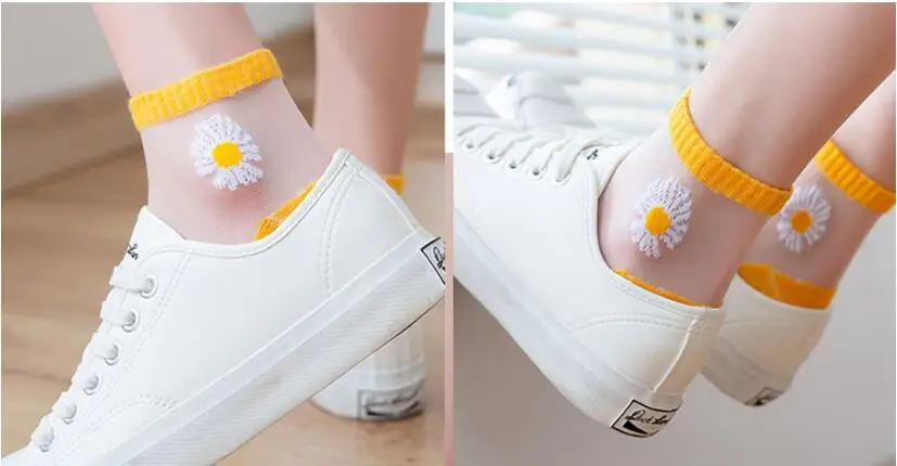 10 Paar Frauen weiße Gänseblümchen Blume kurze Socken Set Mode Sommer dünne atmungsaktive Bonbon farbe transparente Kristall Seide Söckchen – Detail 4