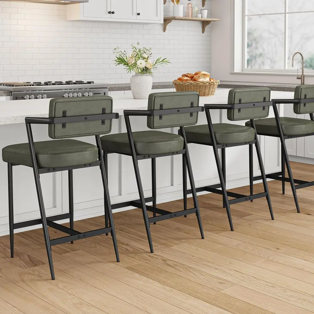 

Set of 4 Upholstered Counter Height Bar Stools with Armrests, Backrests, and Footrests, 27 Tall Chairs with Thick Cushions and M