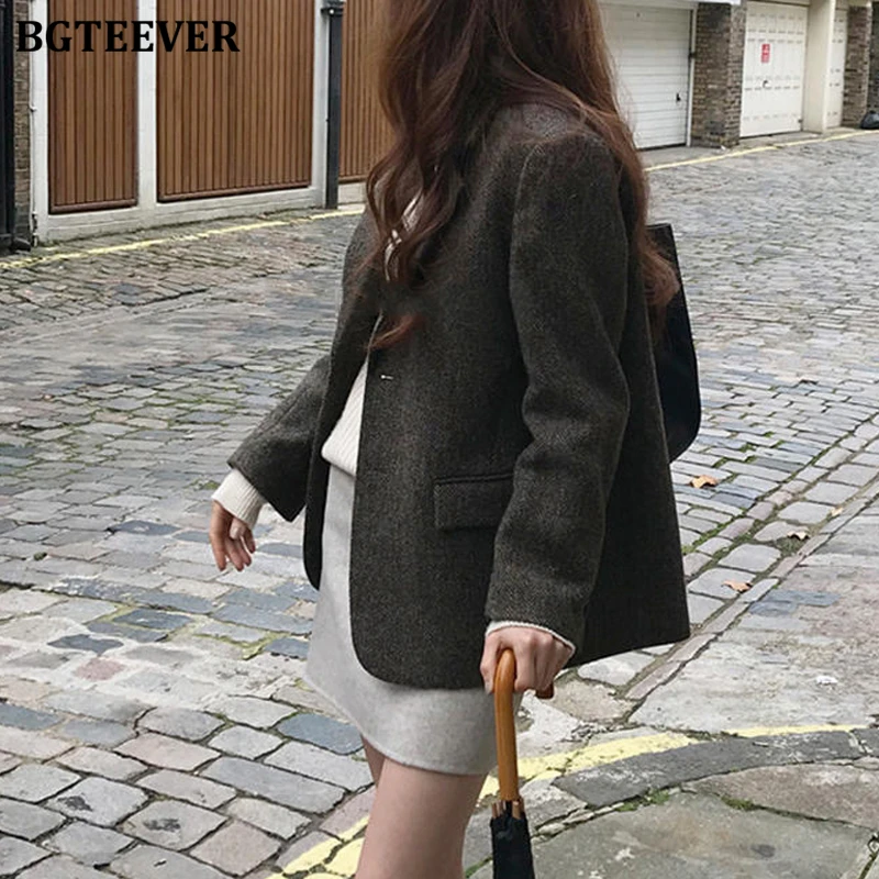 BGTEEVER Stylish Loose Single-breasted Female Suit Coats Autumn Winter Elegant Long Sleeve Thicken Women Solid Blazer Coats