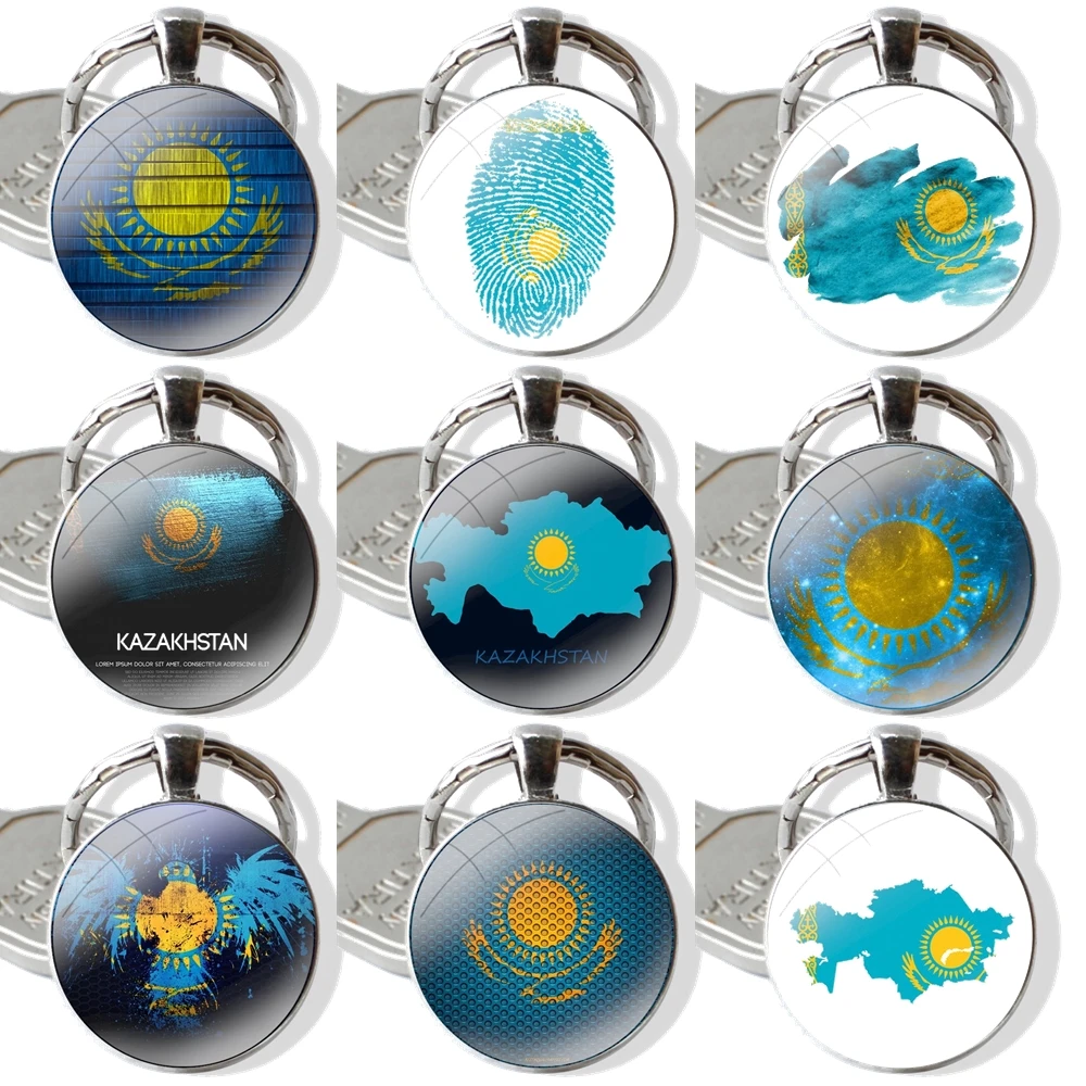 Kazakhstan flag Popular Keychain Handmade Glass Cabochon Key Ring Holder Pendant Key Chains