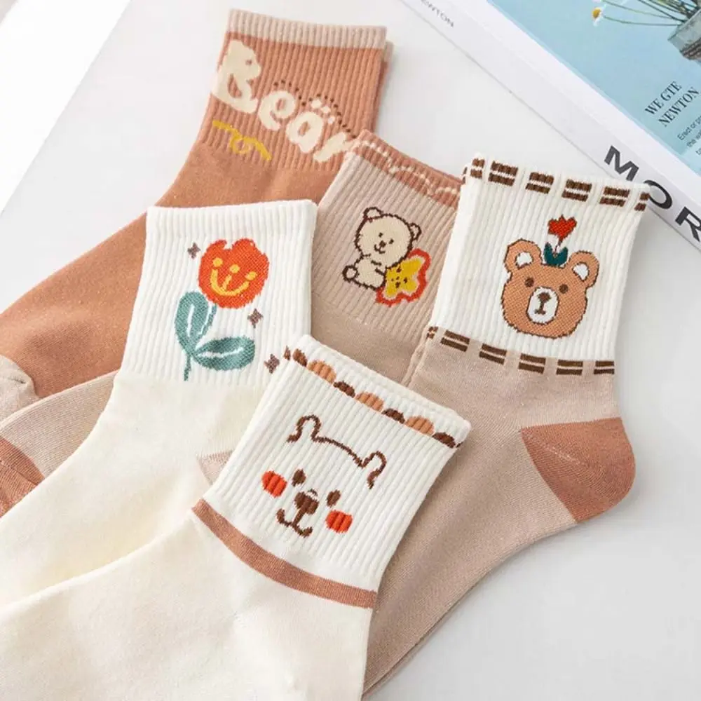 5 pairs Letter Cartoon Bear Socks Stripe Patchwork Flower Ankle Socks Lolita JK Women's Hosiery Summer Tube Socks Streetwear