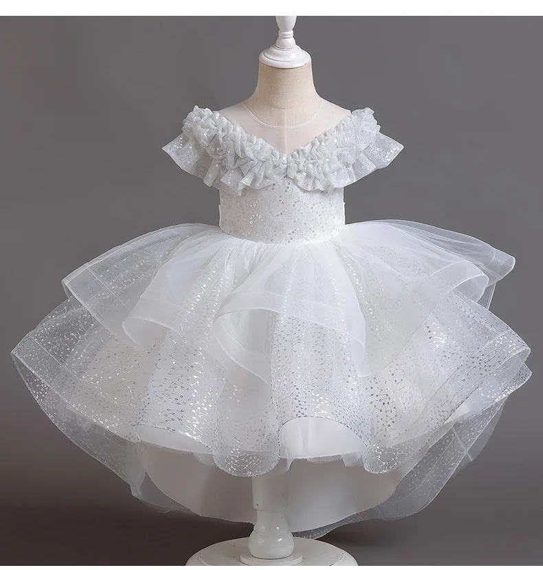 4-12 Year Old Summer Wedding Flower Girl Dress Trailing Sequin Tulle Party Dress Embroidered Elegant Trailing Cake Dress