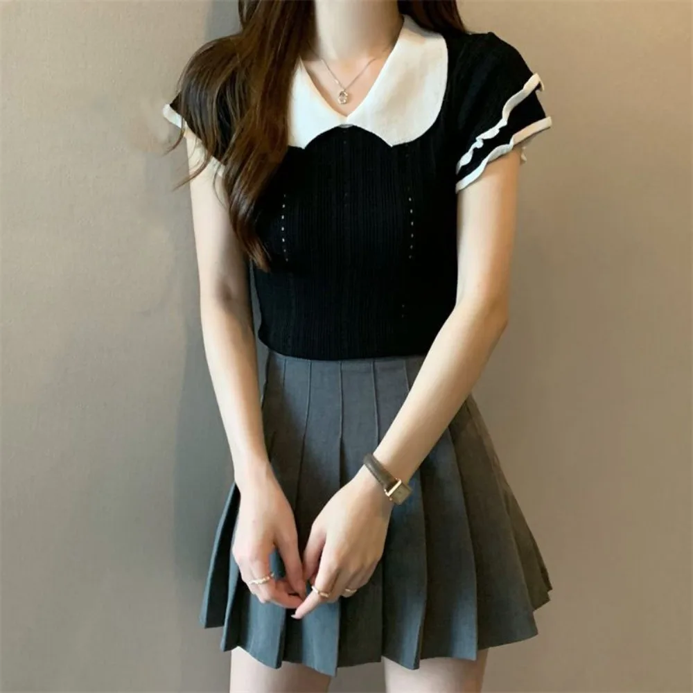 

Ruffled Edge Doll Collar Knitted Vest Hollow Short Knitted Slim Crop Tops Sweet Girl Style Streetwear Short Sleeve T-shirt