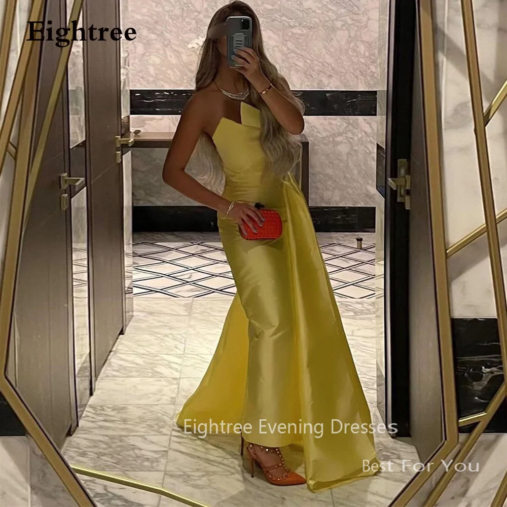 

Eightree Saudi Arabic Lady Yellow Satin Party Evening Dresses Strapless Sexy Mermaid Prom Gowns Draped Train Formal Event Dress