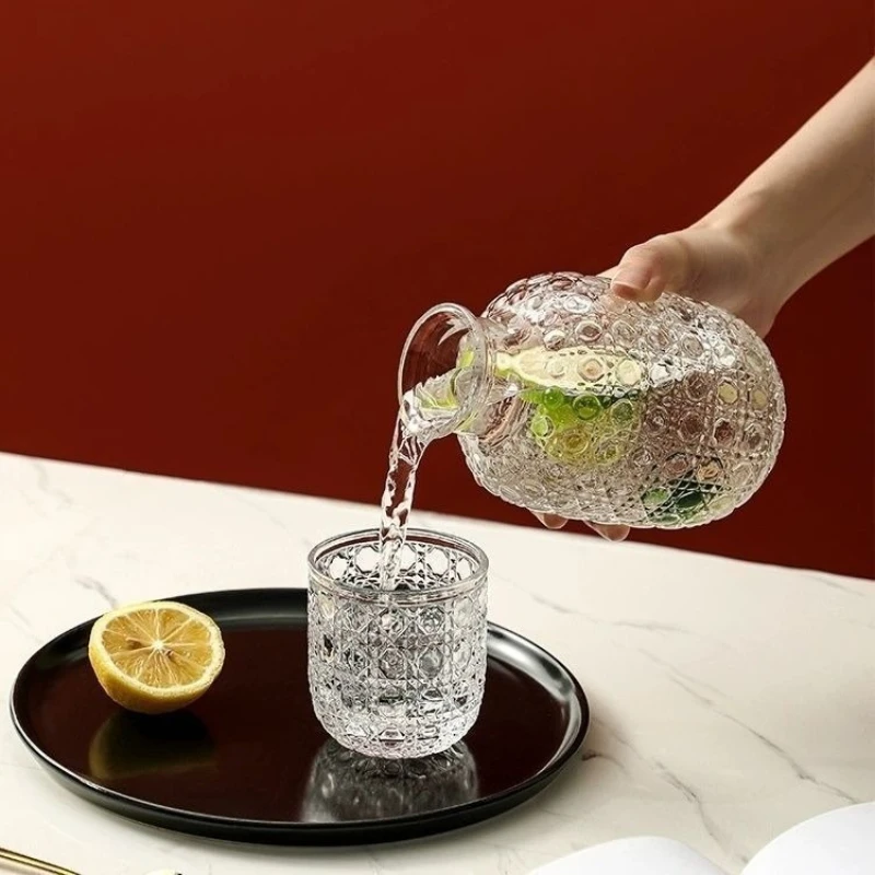Jarra de Agua de Vidrio y Juego de Vasos, Jarra con Patrones en Relieve Retro Vintage, Vaso para Dormitorio, Mesita de Noche, Decoración del Hogar, Artículos de Bar, Vasos para Beber
