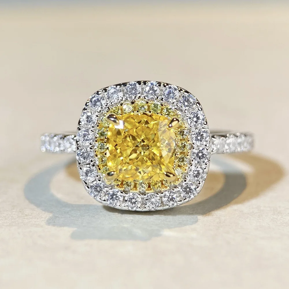 925 Sterling Silver Luxury High Quality Princess Cut Natural Yellow Citrine Square Ring Moissanite Gemstone Jewelry For Women