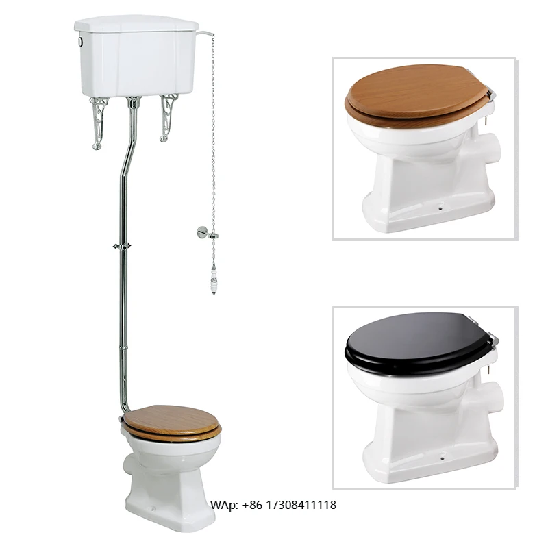 

Luxury Two-Piece Victorian Toilet MDF Seat Classic Style BrassSS High-Level Pipe Tank Dual-Flush Feature P-Trap Drainage Ceramic