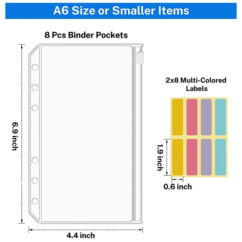 16PCS A6 Binder Pockets 6 Holes Budget Cash Envelopes Clear Zipper Folders For 6-Ring Budget Binder Notebook