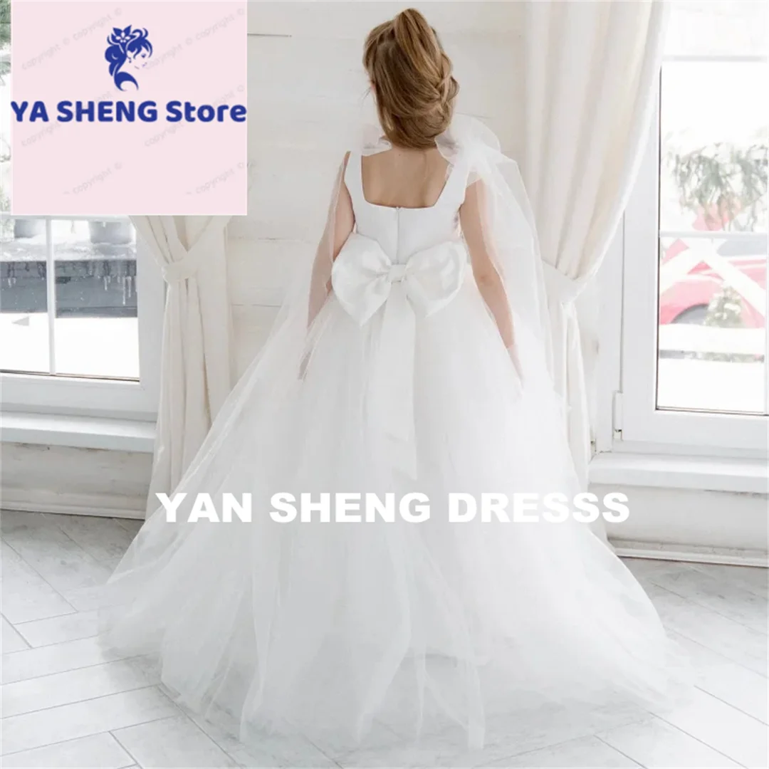 Customized Flower Girl Dress White Tulle With Bow Sleeveless For Wedding Birthday Party Banquet Holy Communion Gowns