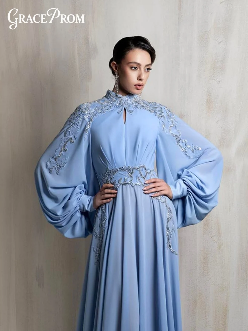 

Glamorous Blue High Neck Puff Sleeve Evening Dress High Neck Beaded Embroidery Party Dress A Line Formal Gown For Wedding Guest