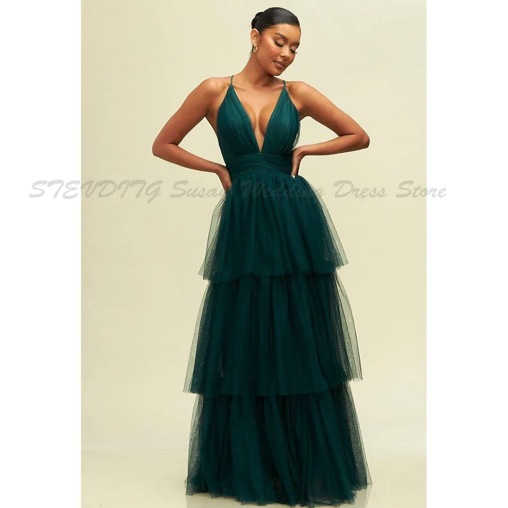 

Fashion Dark Green V Neck Prom Party Dresses Women Floor Length A Line Tiered Fit Formal Occasion Sleeveless Celebrity Glothing
