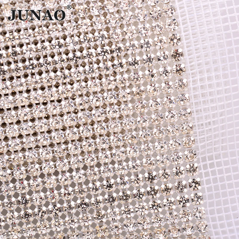 JUNAO 36 Rows*5Yard SS12 Clear Sewing Glass Rhinestone Trim Crystal Mesh Fabric Strass Banding Sheet Applique For Wedding Dress