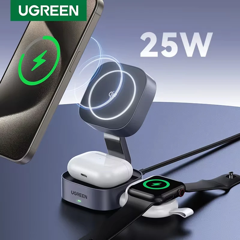 UGREEN Qi2 25W Magnetic Wireless Charger Stand 2-in-1 Charging Stand For iPhone 15 16 Pro Max/AirPods For MagSafe Fast Charger