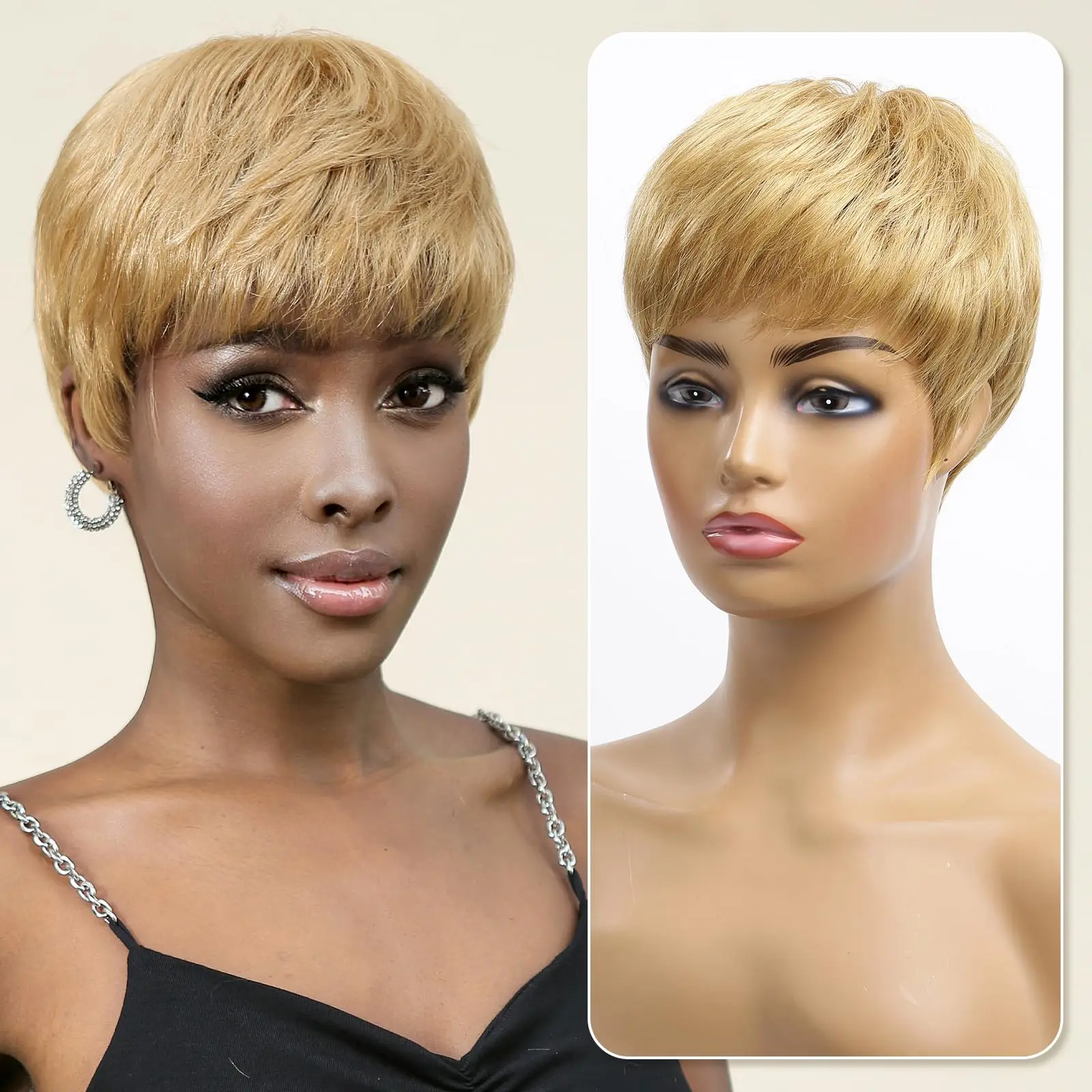 Remy Human Hair Wigs Pixie Cut Straight Layered Hairs for Women Afro Blonde Golden Machine Made Human Hair Cheap Wig Daily Use