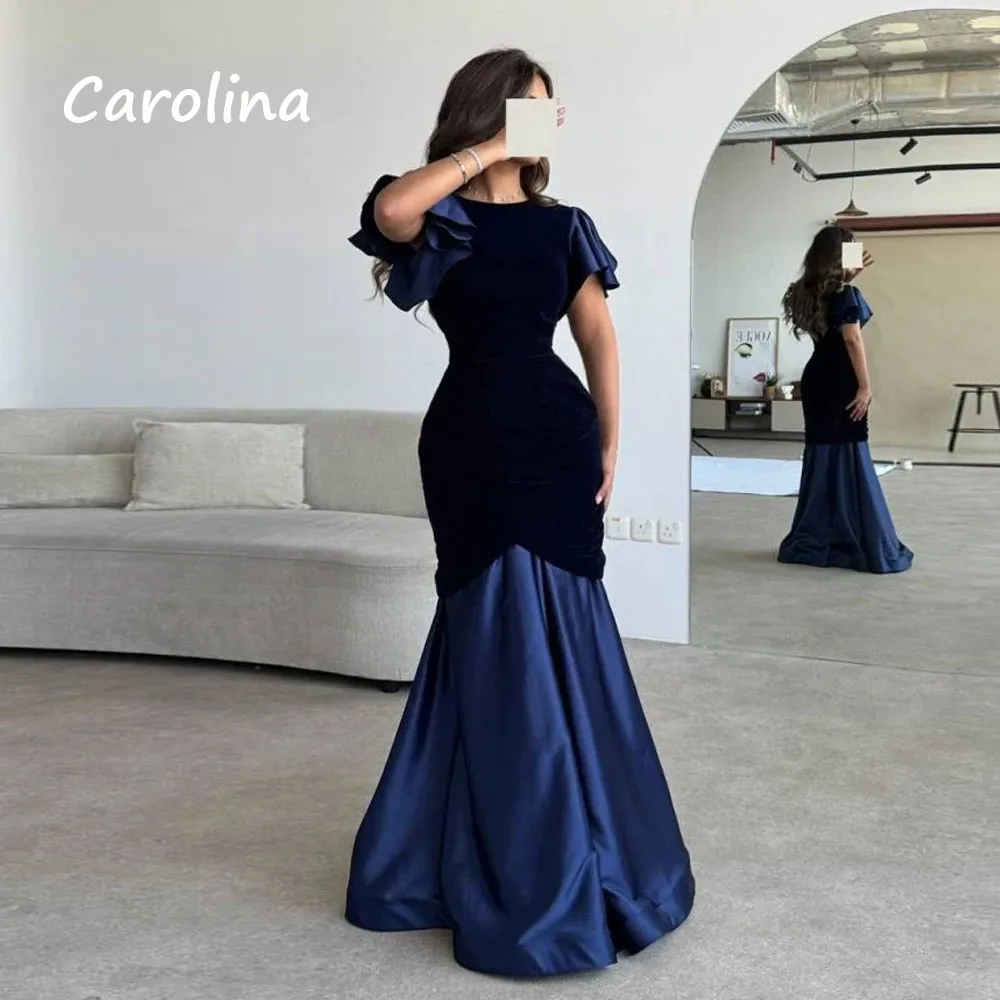 Carolina Customized Mermaid Evening Dress O-Neck With Short Sleeves Satin Floor-Length Formal Occasion Saudi Arabia فساتين سهرة