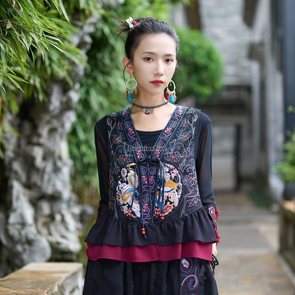 

Осень 2021, новый китайский этнический стиль, без рукавов, с вышивкой, дизайн из пряжи, куртка и короткий костюм Тан, блузка, жилет t001