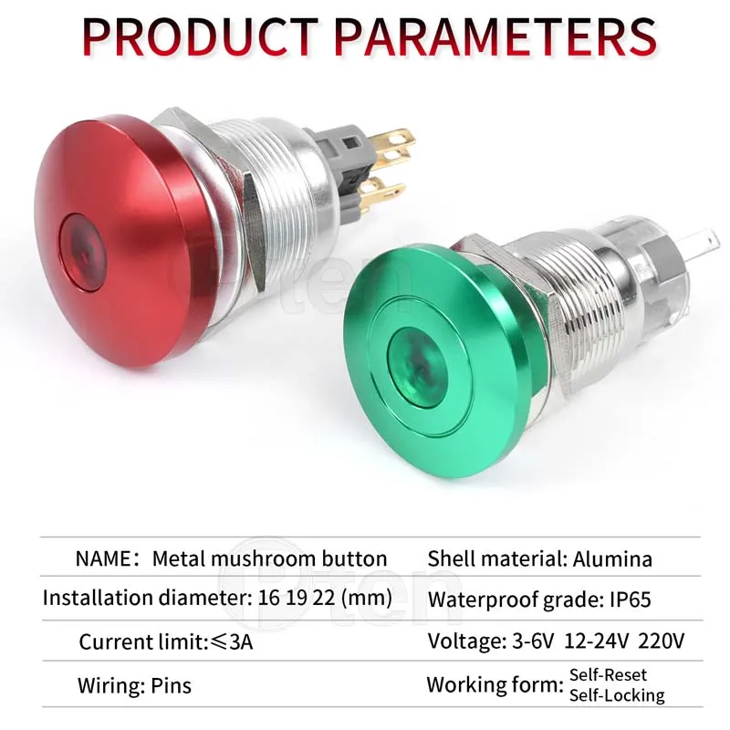 車用LEDプッシュボタンスイッチ,金属製マッシュルームヘッド,大型プレス,赤と緑,防水,自己リセット,回復,16mm, 19mm, 22mm, 1個