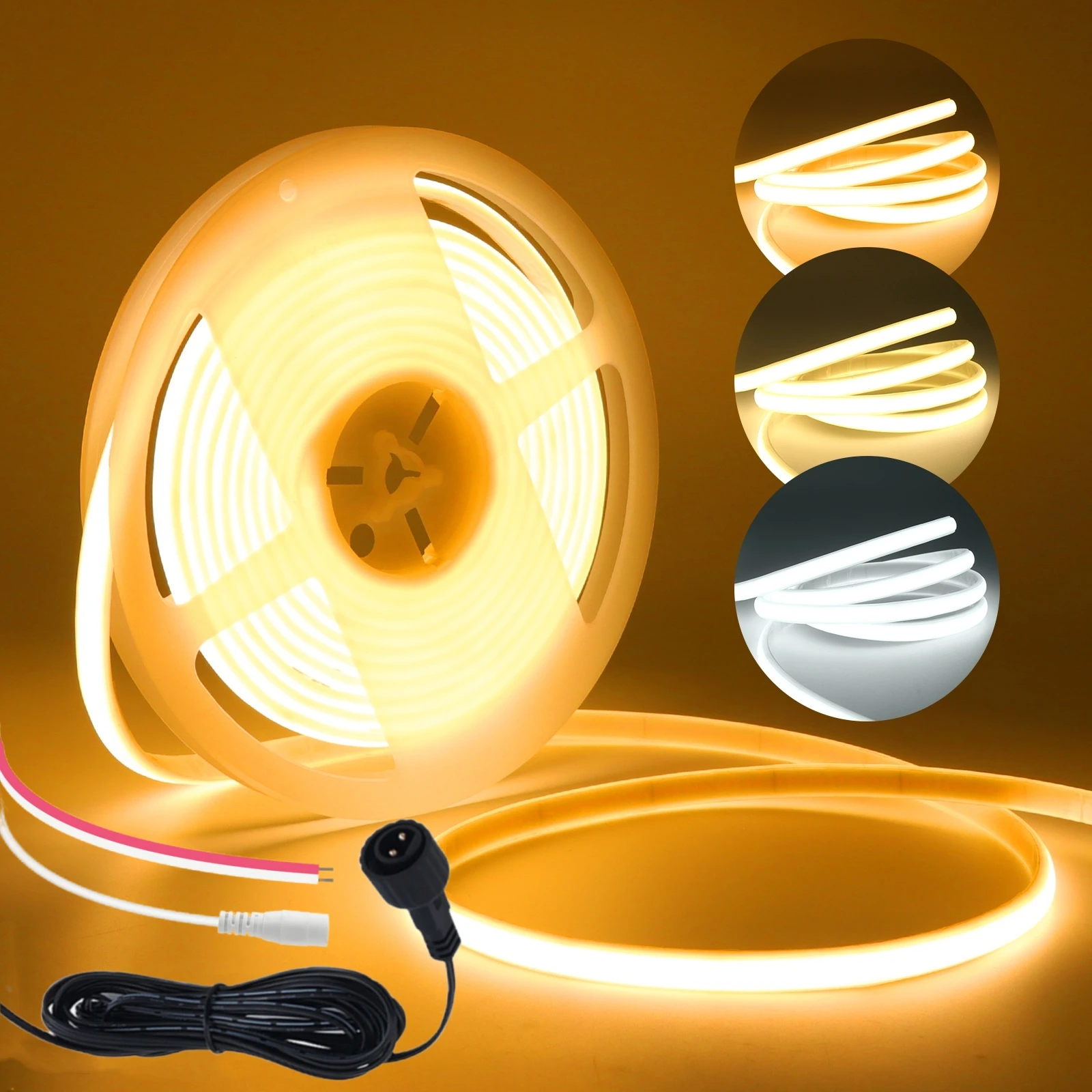 COB LED Strip Light with DC Female Plug or 2Pin Wire 12V 24V Flexible 320LEDs/m IP67 Home Decor 3000K 4000K 6000K Tape Rope Lamp