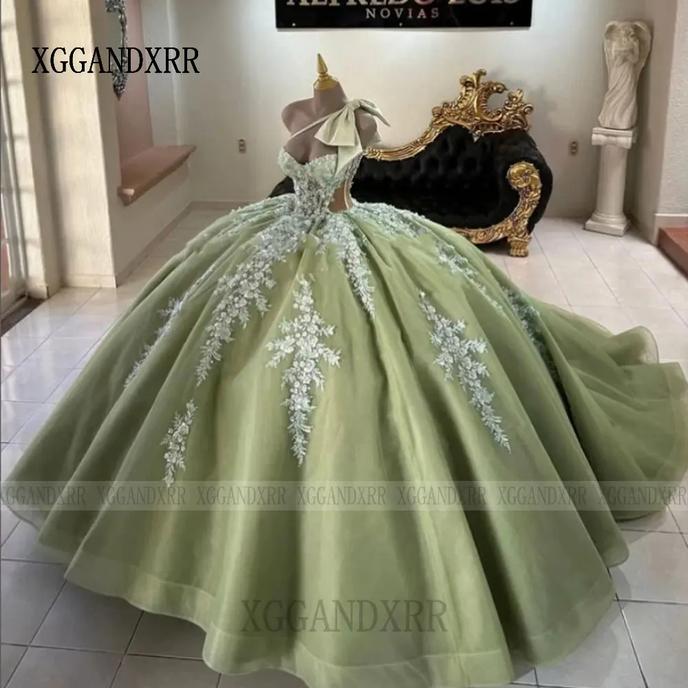 

Gorgeous Bow Quinceanera Dress for Girls Lace Appliques One Shoulder Corset Vestidos De 15 Quinceanera Green Sweet 15 Customized