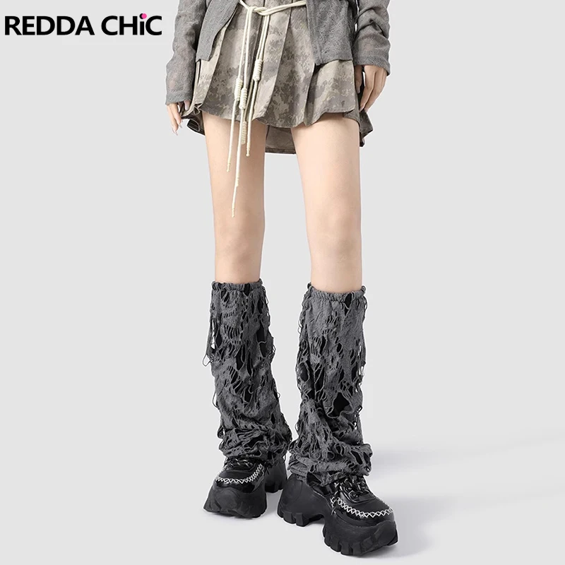 ReddaChic Acubi Fashion Women Destroyed Leg Warmers Solid Vintage Knee Long Socks Jk Grayu Y2k Leg Gaiter Harajuku Boots Covers