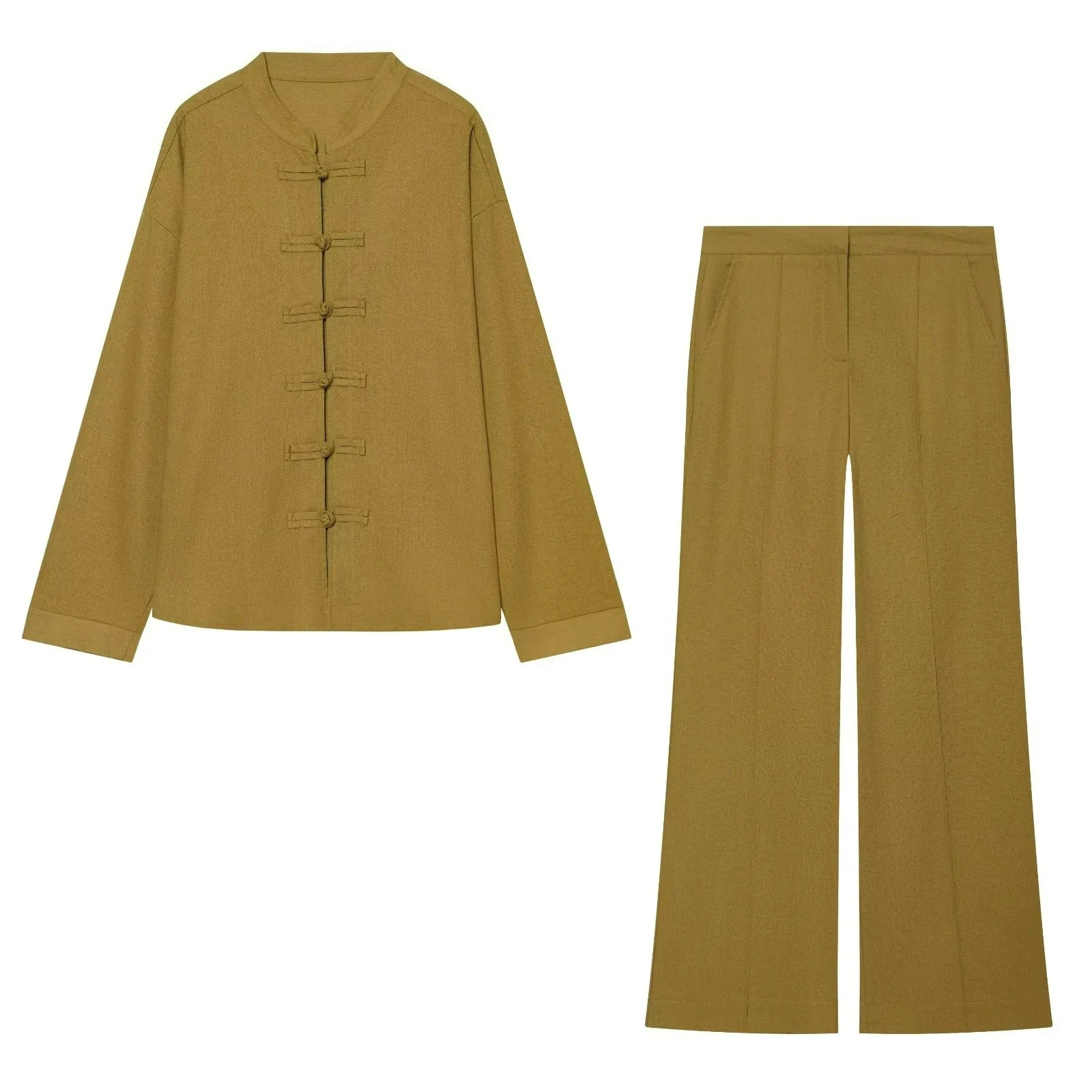 KONDALA Damen Vintage High-Street-Hosen-Set O-Ausschnitt Knotenknopf-Hemden Reißverschluss-Hosen Neue Mode 2026 Frühherbst Freizeit-Damen-Set – Detail 3