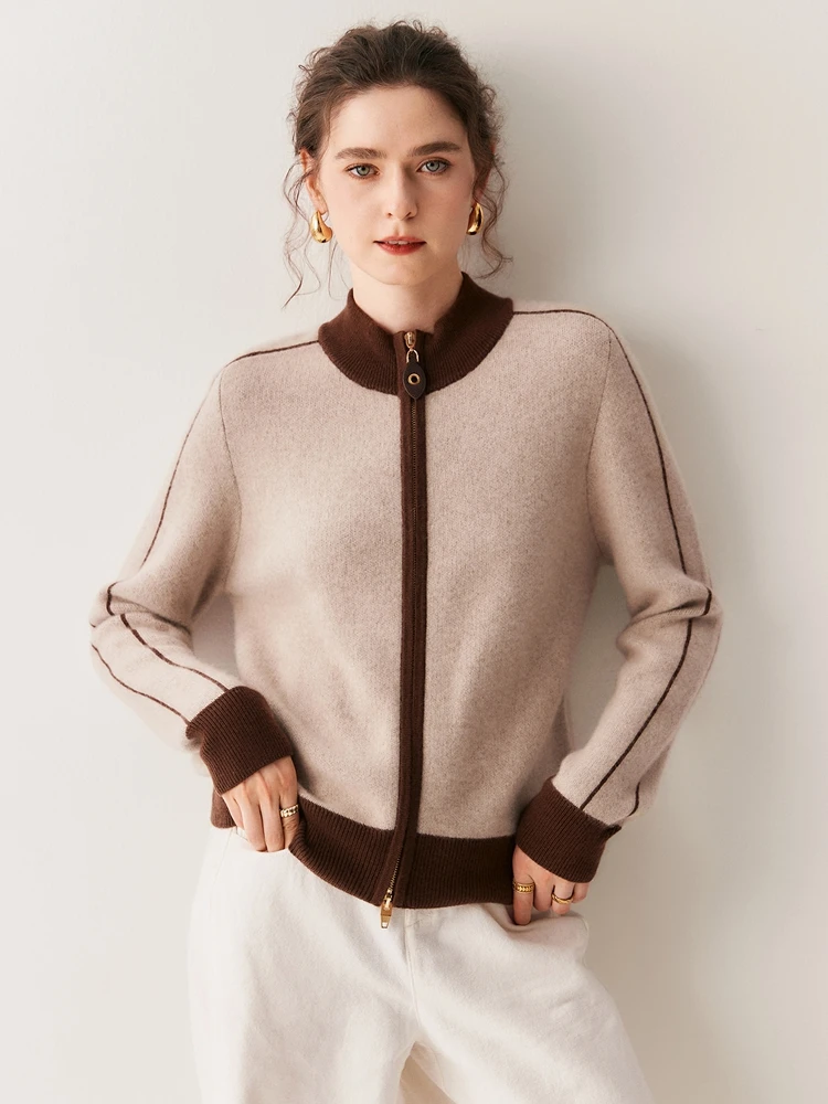 

Women's Pure Cashmere Cardigan Sweater O-neck Zippers Clashing Color Knitwear Jacket Soft Comfort Light Luxury Autumn Winter