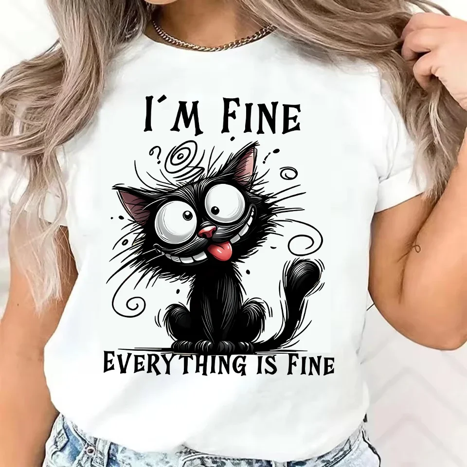 Graphic Print Women Clothing Women's Top Fine Everything Fine Sarcastic Cat Sleeve T-Shirt Aesthetic Clothes