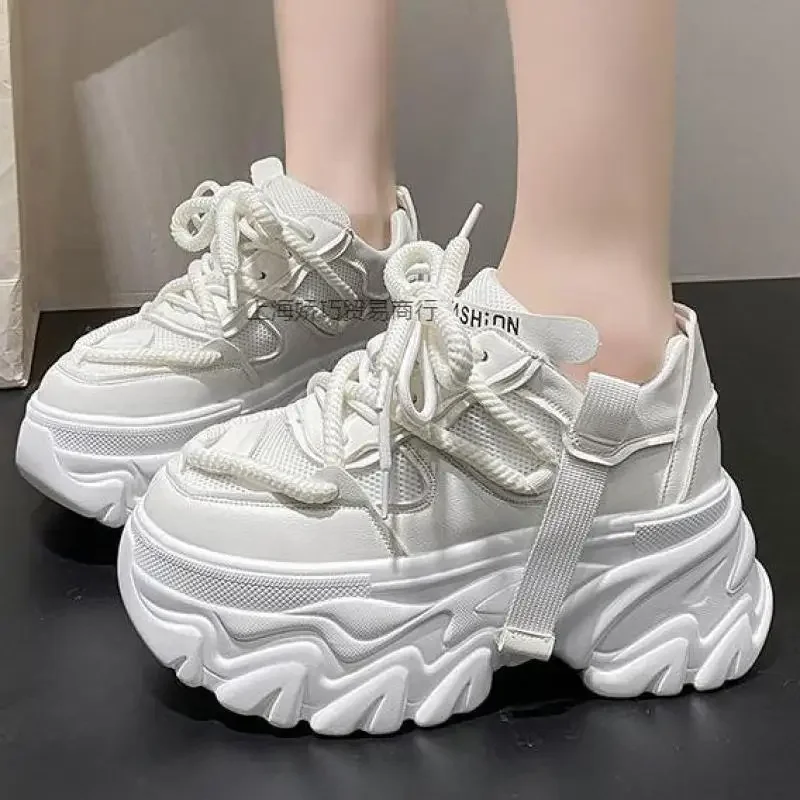 High Platform Sneakers Thick Sole Breathable Mesh Vulcanized Shoes Women Trainers 2024 Spring Increase Pink Chunky Sneakers 8cm