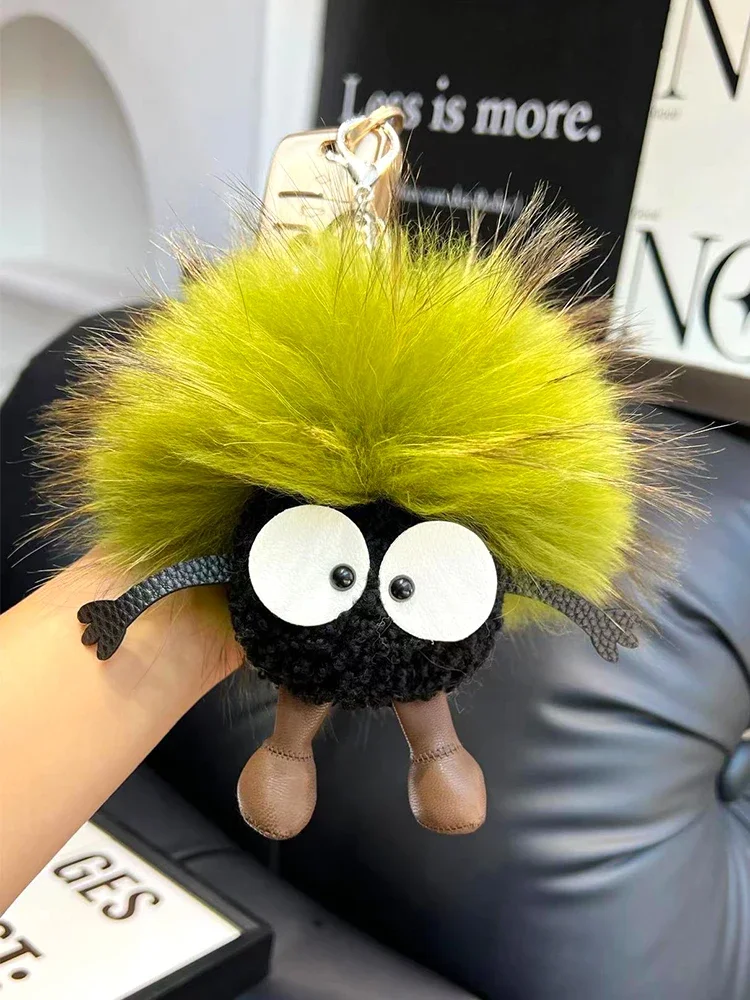 

15cm Cute Cartoon Wool Small Coal Ball Car Keychain Real Raccoon Fur Pendant Elf Plush Ball Bag Pendant Hobby Collection Gift