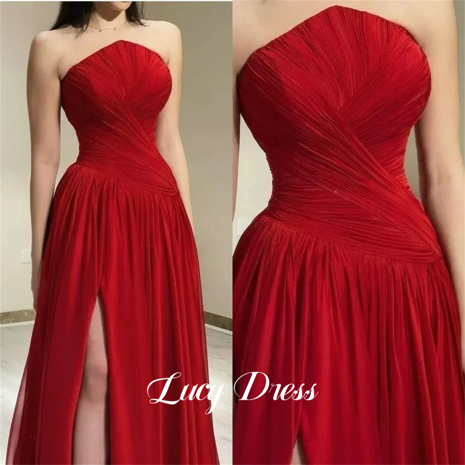 

Lucy Slit Ball Gown Strapless Graduation Red Chiffon Prom Dresses Women Evening Dress Robe Soiree De Luxe 2024 Wedding Elegant