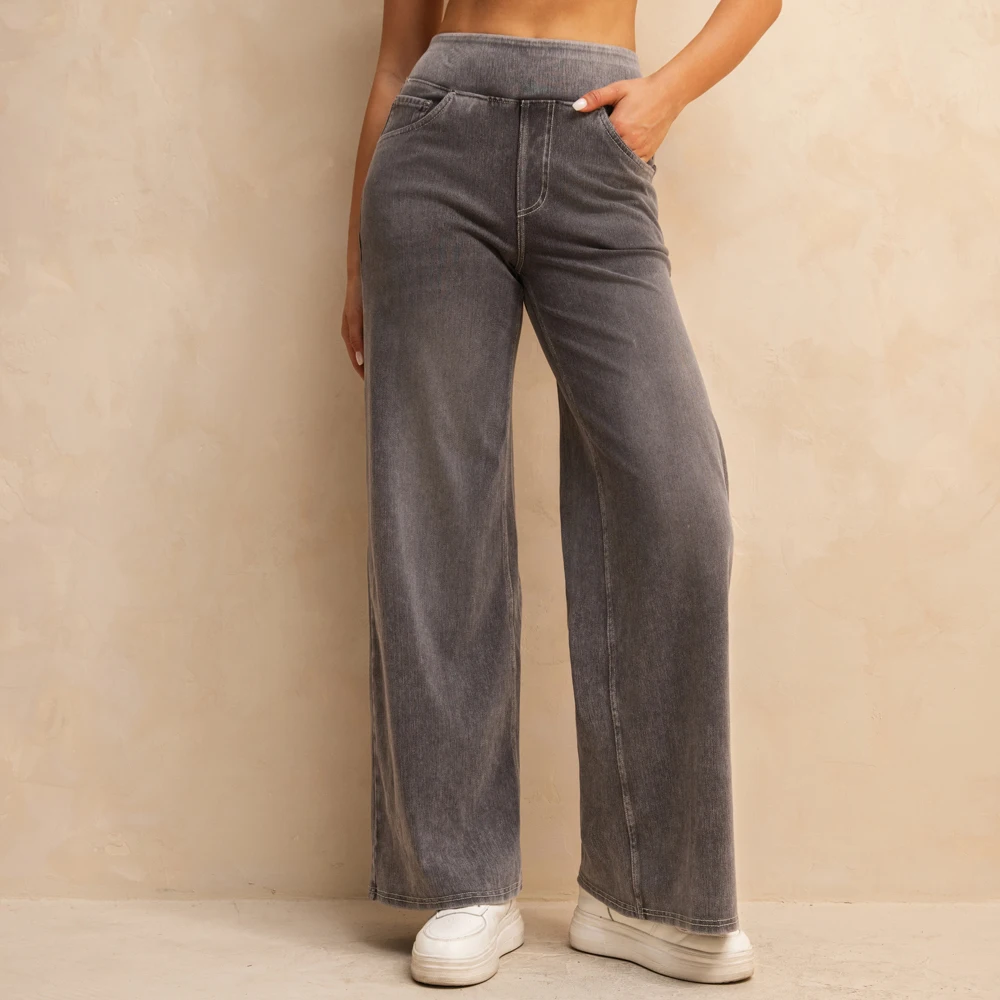 

Shascullfites Full Length Wide Leg Jeans Stretch Cotton Casual Pants Light Grey Wash Baggy Jeans Multiple Pockets