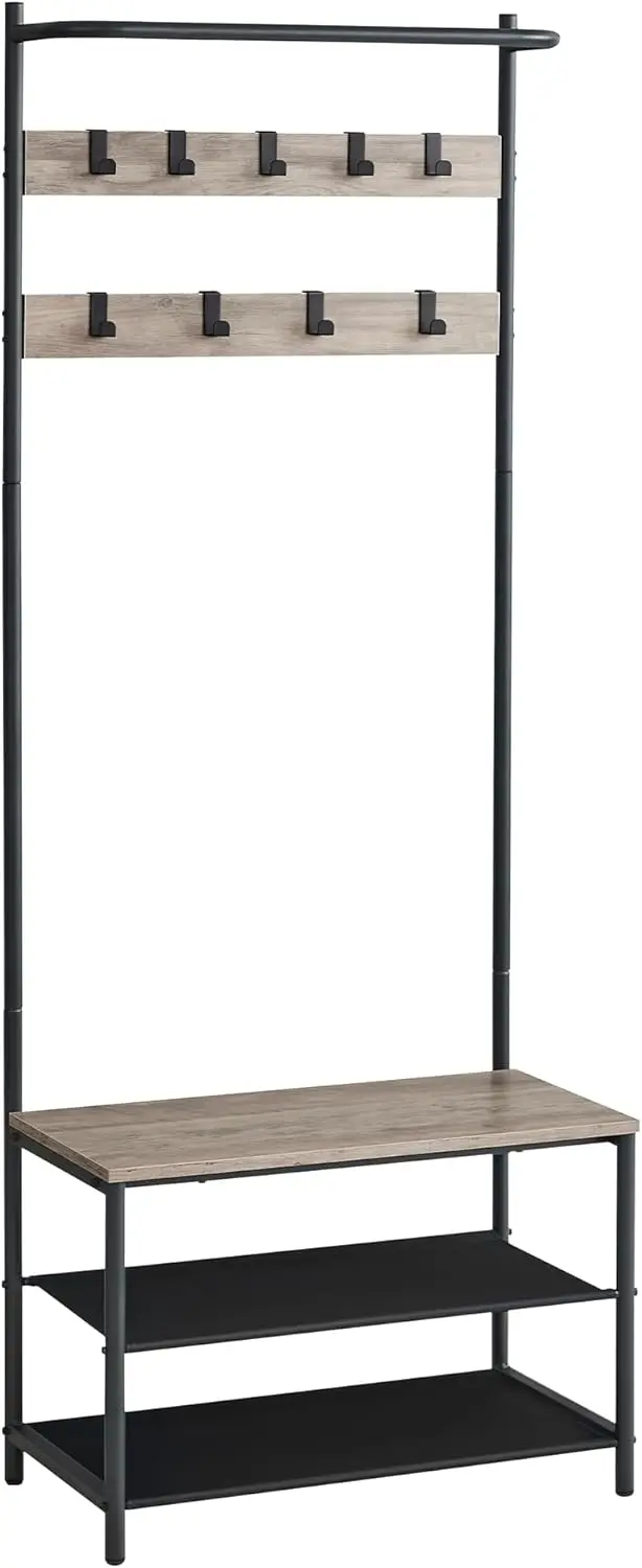 

Industrial Hall Tree with Bench & Shoe Storage, Entryway Coat Rack Stand, 9 Hooks, Fabric Shelves - Greige & Black