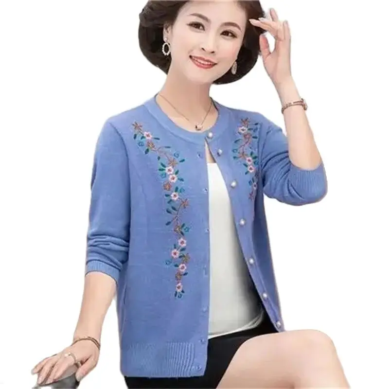 Middle Aged Elderly Women\'s Sweater Fashion Embroidered Knitted Sweater Jacket Spring Autumn Cardigan Coat Female Knitwear Tops