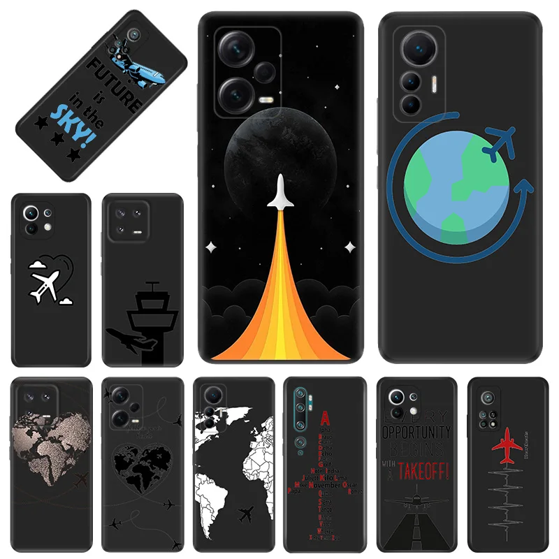 Phone Case for Xiaomi 13 12 Lite 12x 12t Redmi Note13 Note12 13c 12c 12s Airplane World Map Rocket Soft Black Anti-Drop Cover