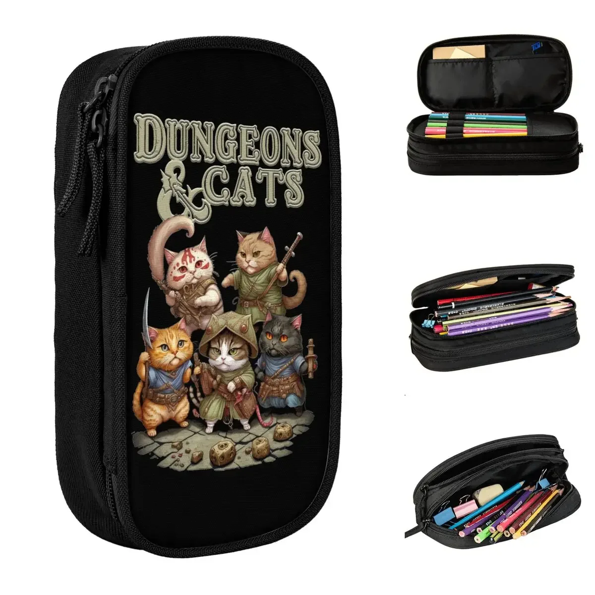 Estuche de lápices de mazmorra y gatos, estuche de lápices de dragón DND, mazmorra, caja de bolígrafos, bolsa de gran capacidad para estudiantes, suministros, accesorios