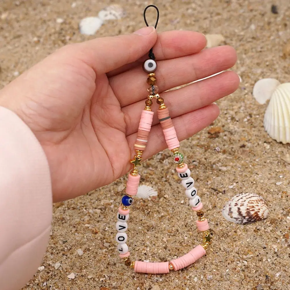 Lanyard Telephone Jewelry Smiling Beads Chain LOVE Letter Lanyard Heishi Clay Beaded Cell Phone Lanyard Mobile Phone Straps