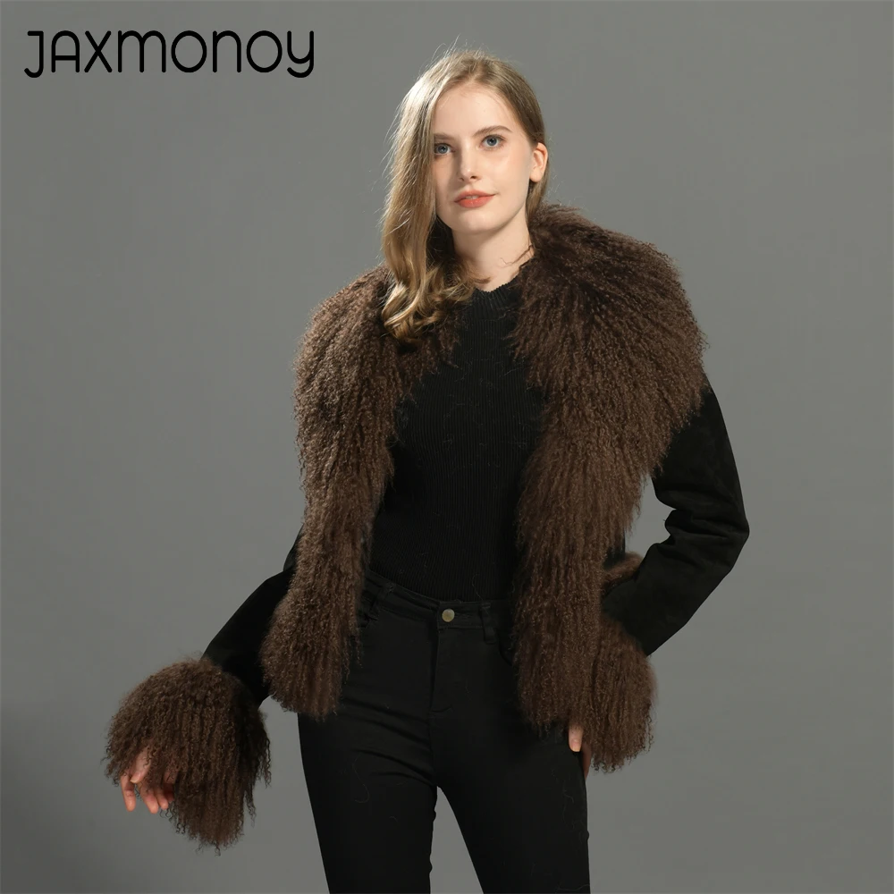 Jaxmonoy Real Leather Coat for Women Genuine Mongolian Sheep Fur Trim Suede Leather Jacket Winter Fashion Fluffy Fur Coats Fall