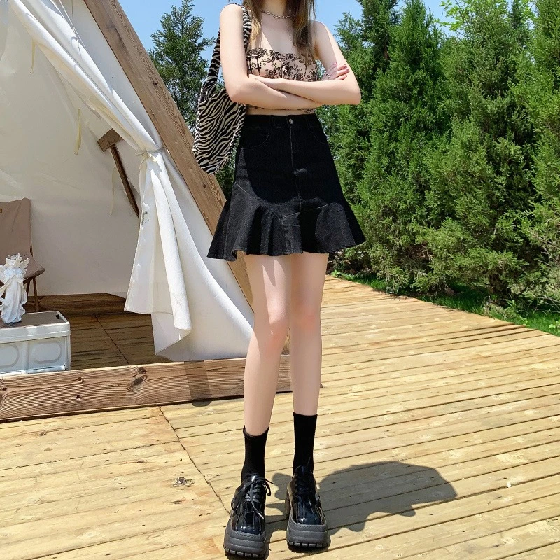 

Новинка 2026: Женская джинсовая мини-юбка с рюшами и эффектом «рыбий хвост», облегающая, А-силуэт, с высокой талией, утягивающая фигуру