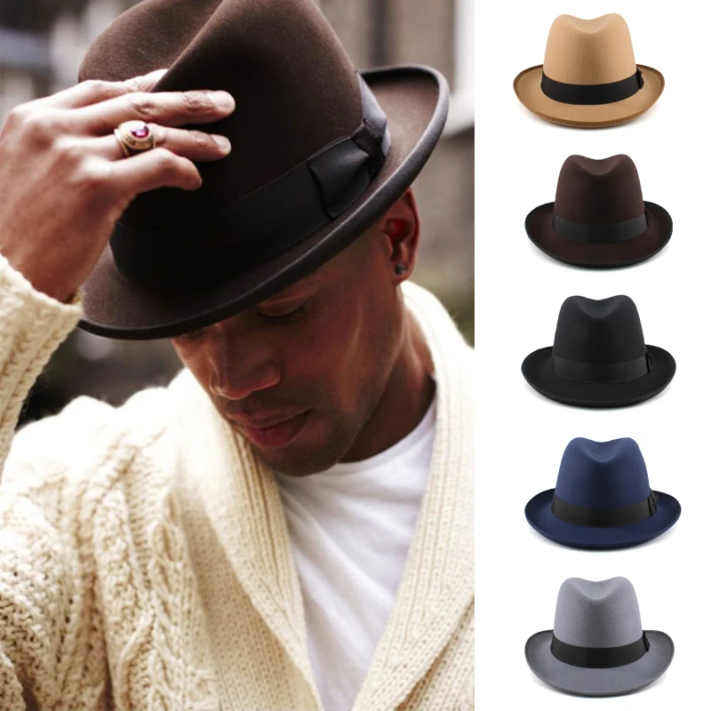 Men Women Classical Retro Wool Blend Homburg Hats Woolen Fedora Caps Trilby Sunhat Travel Party Adjustable UK M-L US 7 1/8-7 3/8