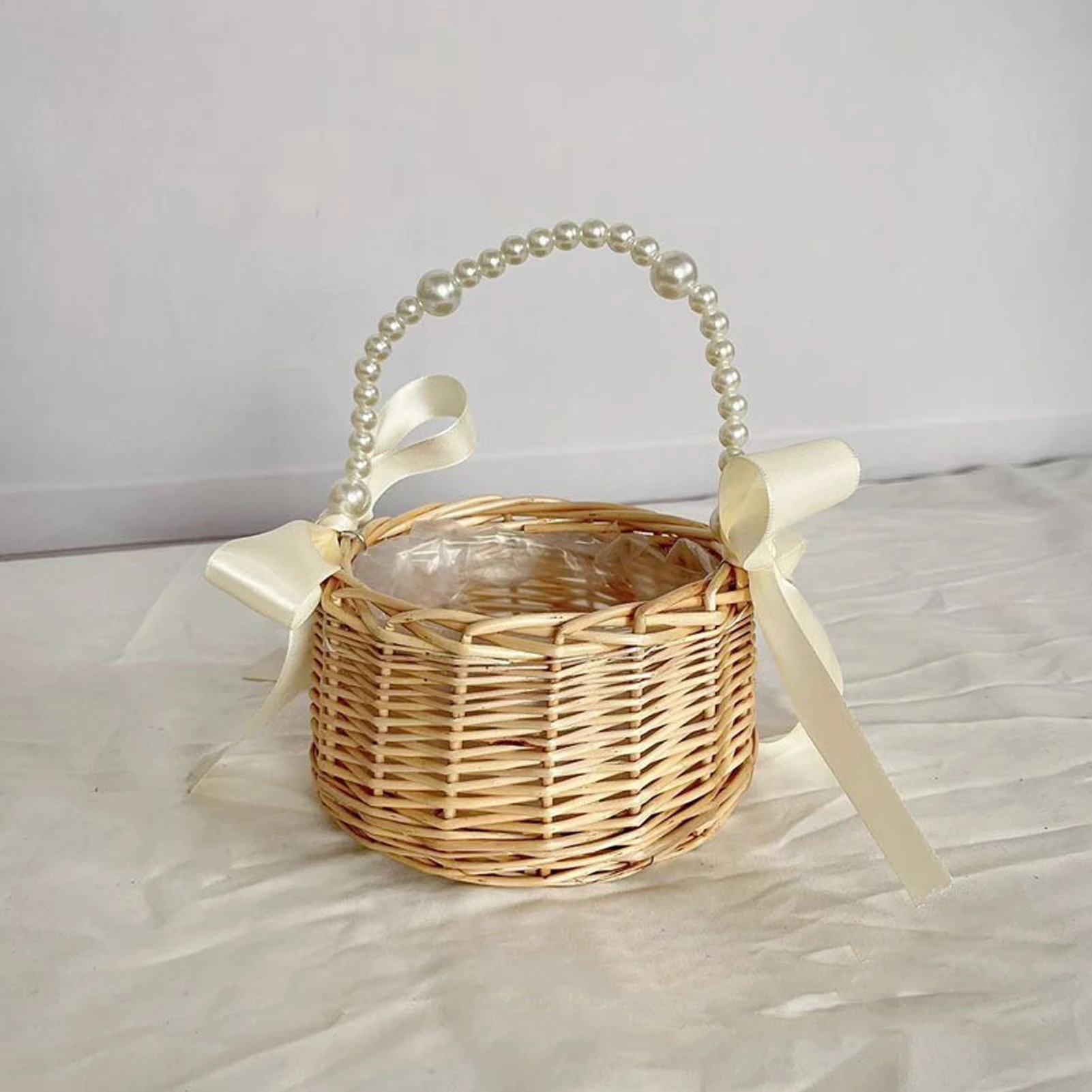 Wedding Woven Round Bow Flower Girl Flower Basket Scattered Flowers Pearl Hand-Held Woven Bow Flower Basket