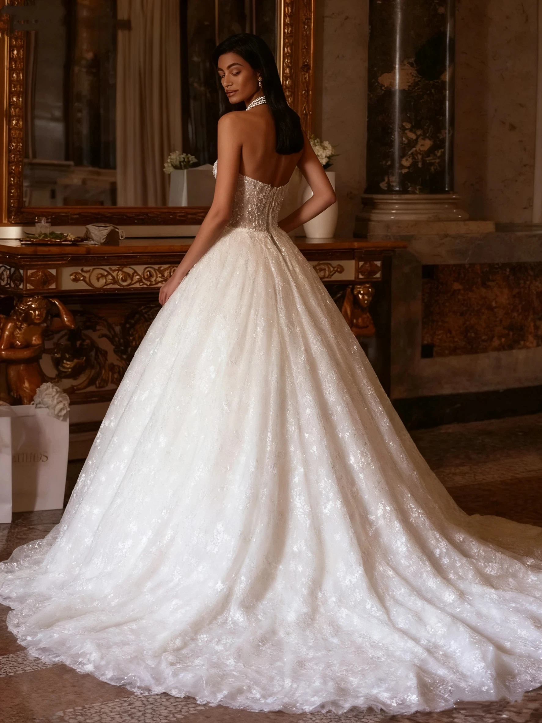 Luxurious A-Line Sheer Sequin Crystal Decal Women's Wedding Dress 2026 Sexy Strapless Backless Ball Party Bridal Gown Customized