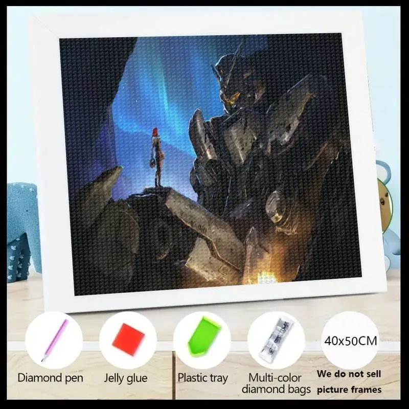

1PC DIY 5D Full Drill Diamond Painting Kit, Epic Sci-Fi Robot Warrior & Lone Figure Under Aurora Borealis, Futuristic Mech Guard