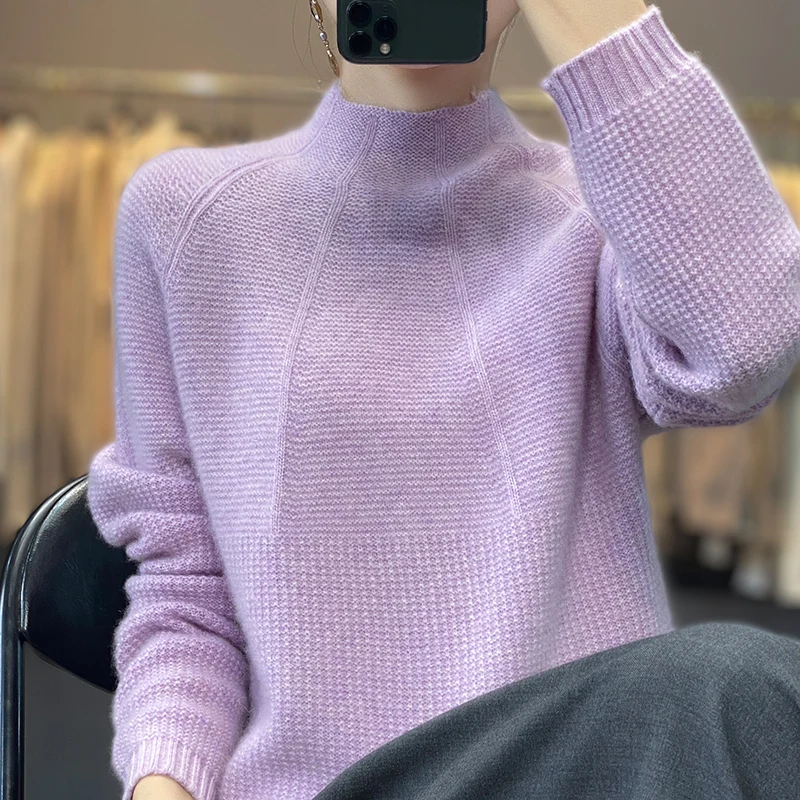 Autumn and winter new ladies 100% pure wool semi-high neck thick warm solid color sweater loose knit bottoming sweater