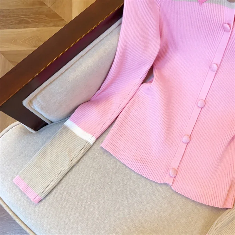 Autumn New Women Elegant Pink Blazer Style Knit Top Soft Fitted Cardigan Contrast Collar Versatile Chic Lady Office Wear